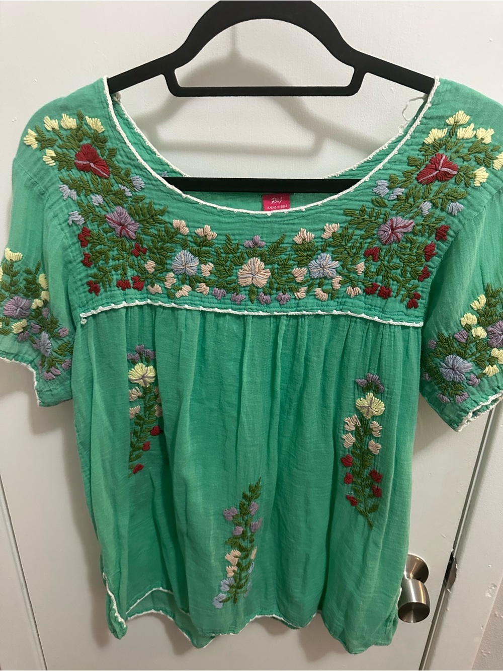 Raj Green Embroidered Floral Peasant Blouse